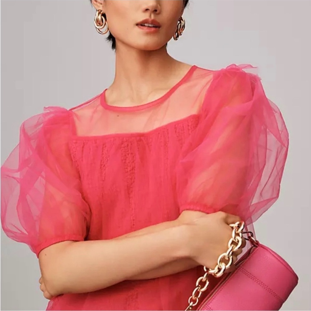 Anthropologie Vibrant Pink Puff Sleeve Blouse